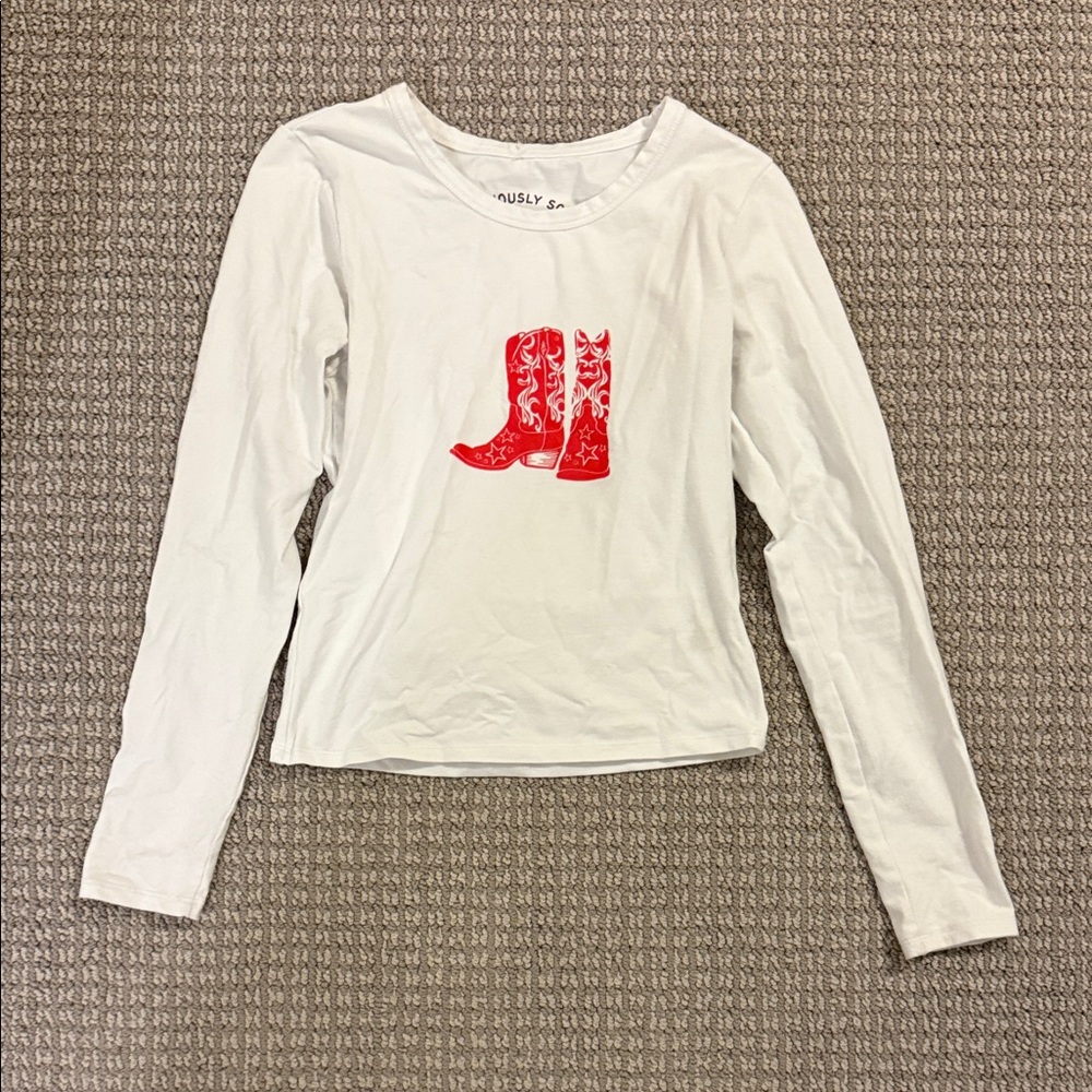 White Long Sleeve Shirt with Red Boot Design